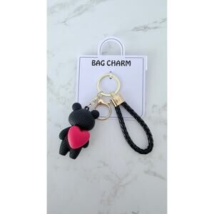 Creative Heart Bear Bag Charm Keychain – Black Braided Strap – New